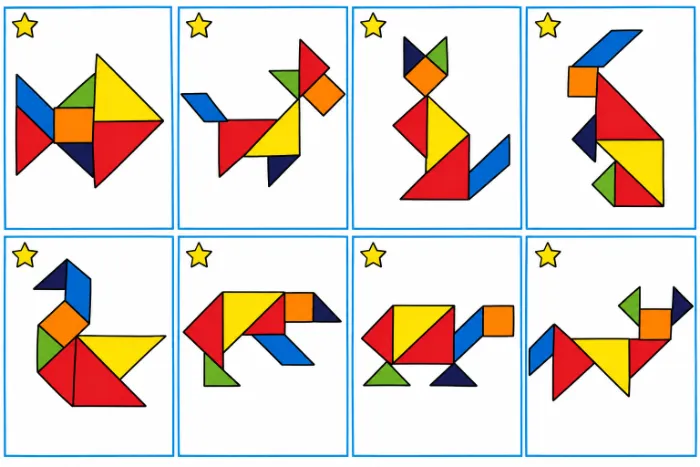 Modèles de tangrams avec 3 niveaux de difficulté